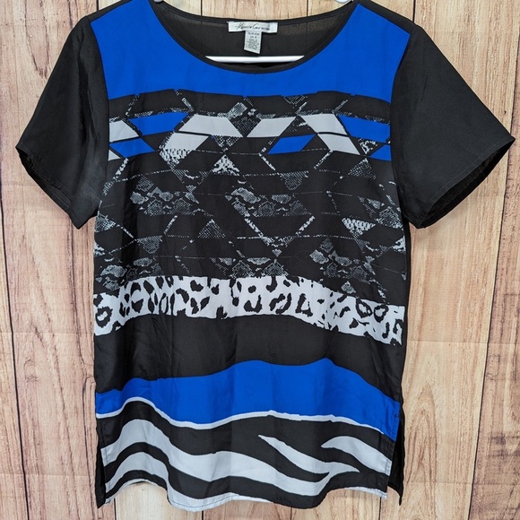 KENNETH COLE Animal Print Black & Blue Career Top S polyester - Picture 2 of 6